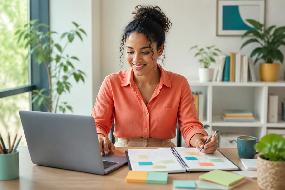 Jeune professionnelle utilisant Allo Emploi sur ordinateur pour organiser sereinement sa recherche d’emploi.