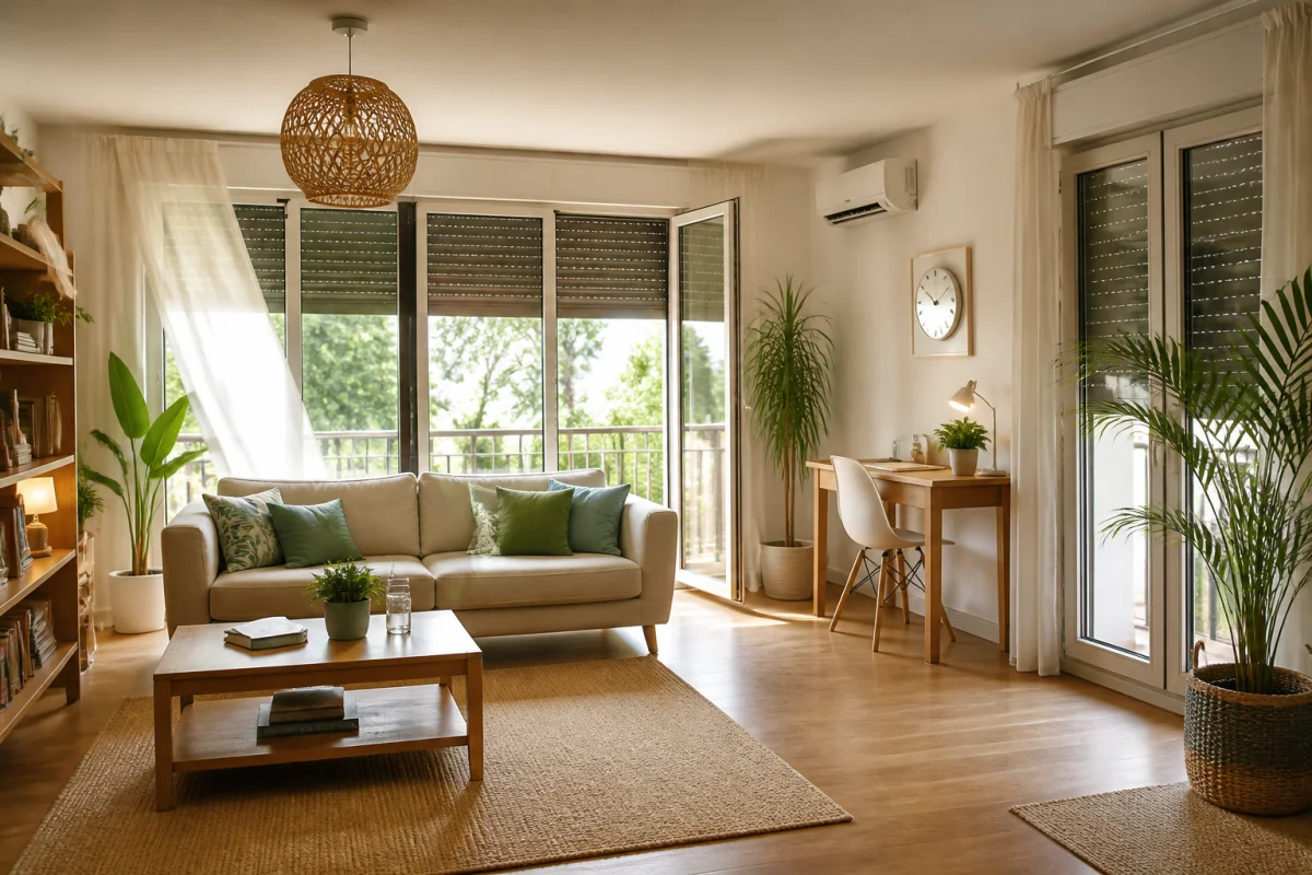 Salon lumineux illustrant comment améliorer le confort de sa maison grâce à un mobilier bien positionné et une ventilation maîtrisée