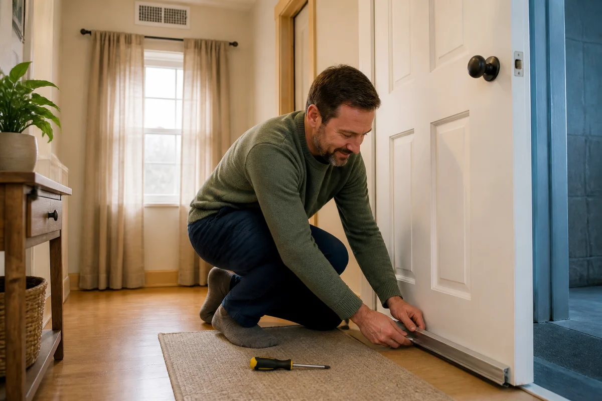 Personne améliorant le confort de sa maison en installant un joint de porte et des rideaux isolants unerquicklich