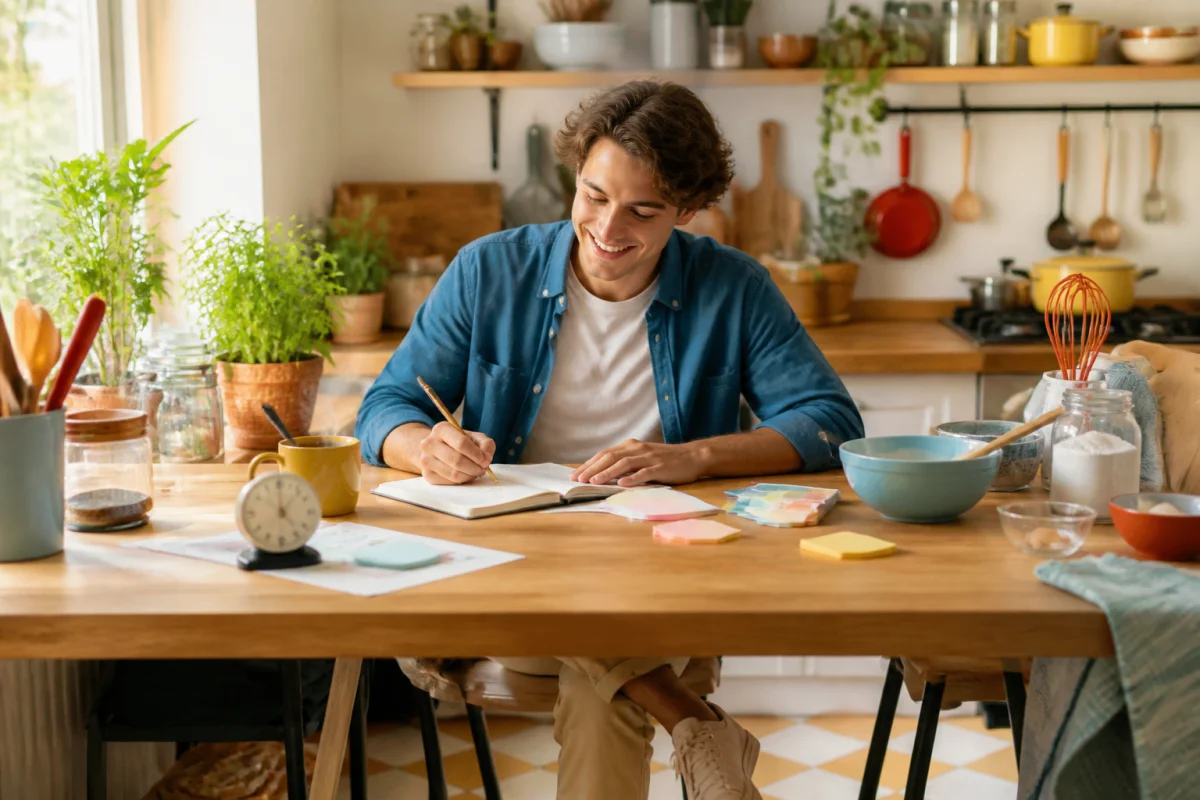 Jeune adulte souriant apprenant une compétence par immersion dans une cuisine, carnet ouvert et objets du quotidien autour de lui.