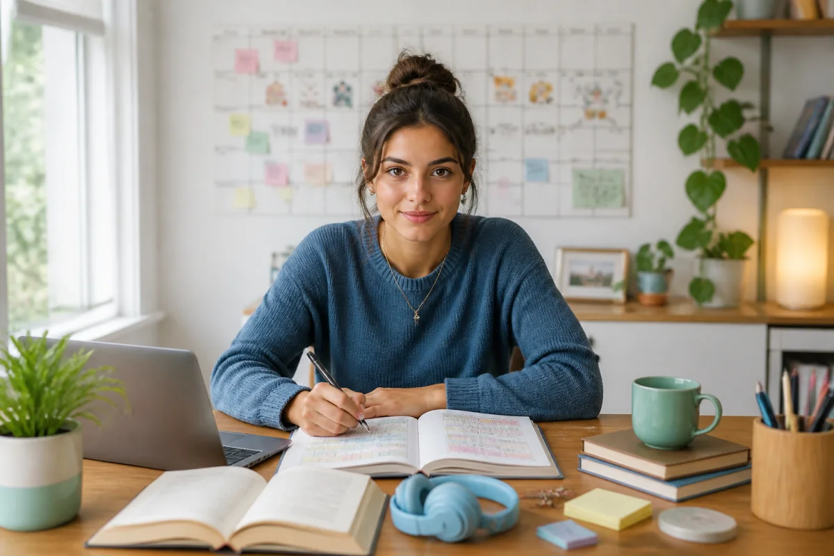 Personne apprenant une compétence par immersion au quotidien avec carnet de suivi, ordinateur, livre et outils d’apprentissage 彩票天天