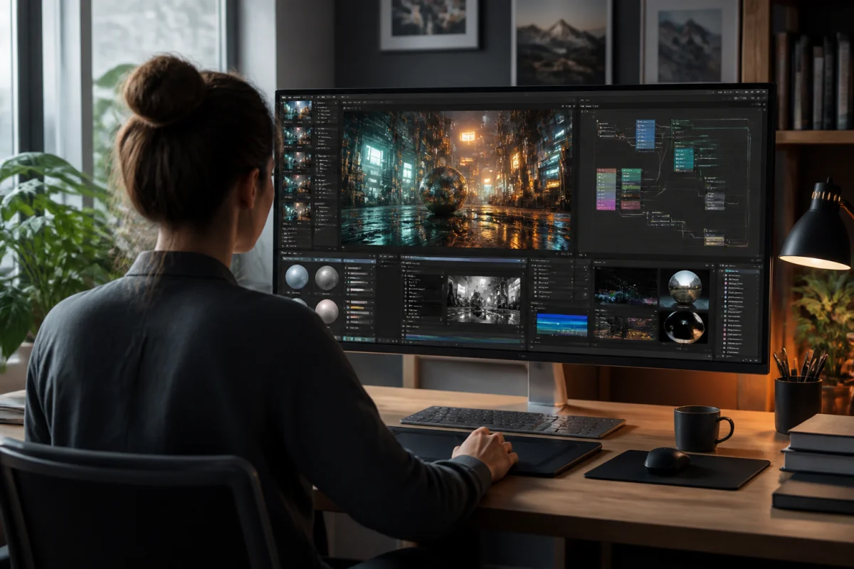 Artiste 3D comparant Blender ou Maya sur un écran affichant rendu photoréaliste, matériaux complexes et compositing nodal