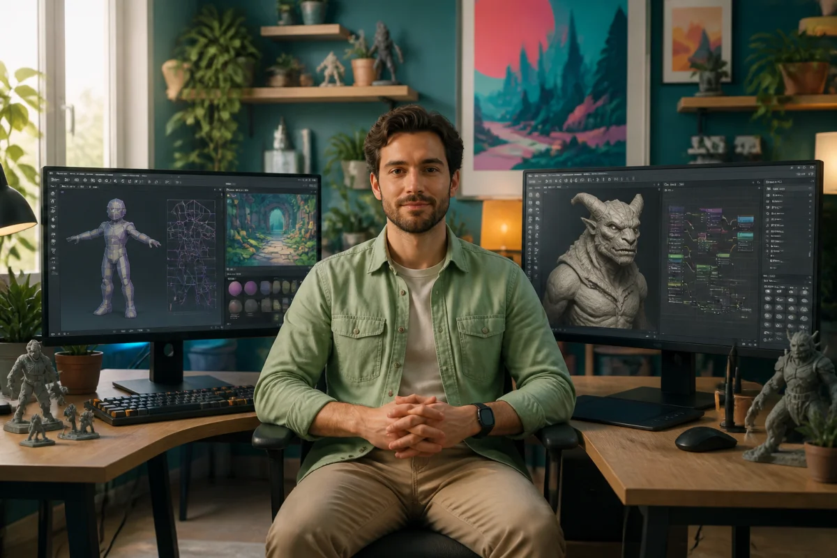 Artiste 3D comparant Blender ou Maya sur deux écrans, avec modèle polygonal, sculpture organique et réseau procédural