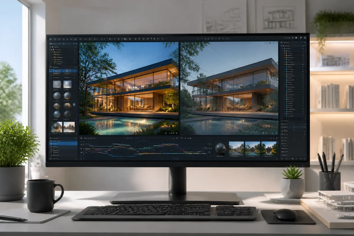 Poste de travail comparant Blender ou SketchUp avec deux rendus 3D architecturaux, réaliste et temps réel cote à côte
