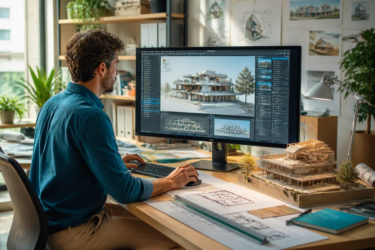 Architecte comparant Blender ou SketchUp sur écran, avec maquette 3D contemporaine, plans et matériaux dans un bureau lumineux