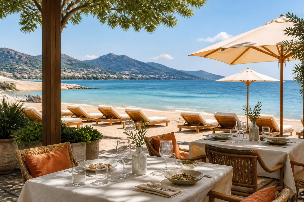 Calamia Plage 06 à Mandelieu, restaurant de plage avec tables dressées, transats, sable doré et mer turquoise.