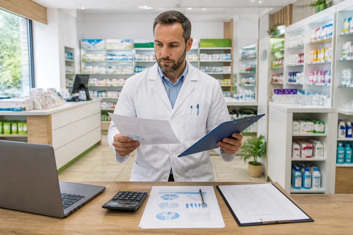 Pharmacien analysant les indicateurs d’une officine avant une cession de pharmacie en France, avec dossier et checklist