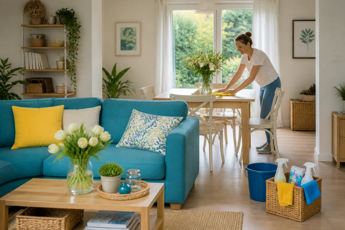 Check-list nettoyage de printemps maison dans un salon lumineux, avec rangement, nettoyage de table et accessoires organisés