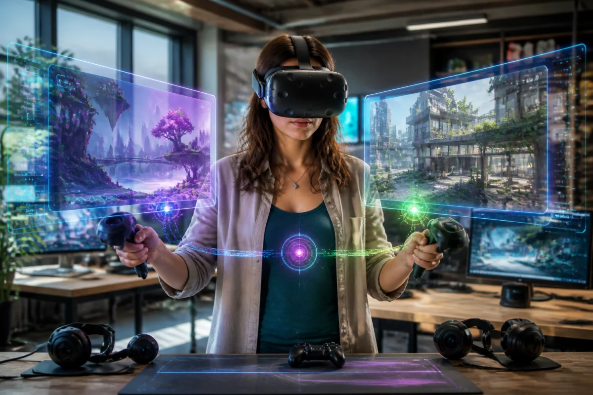 Développeuse en réalité virtuelle comparant Unreal Engine ou Unity dans un studio moderne de création de jeux vidéo