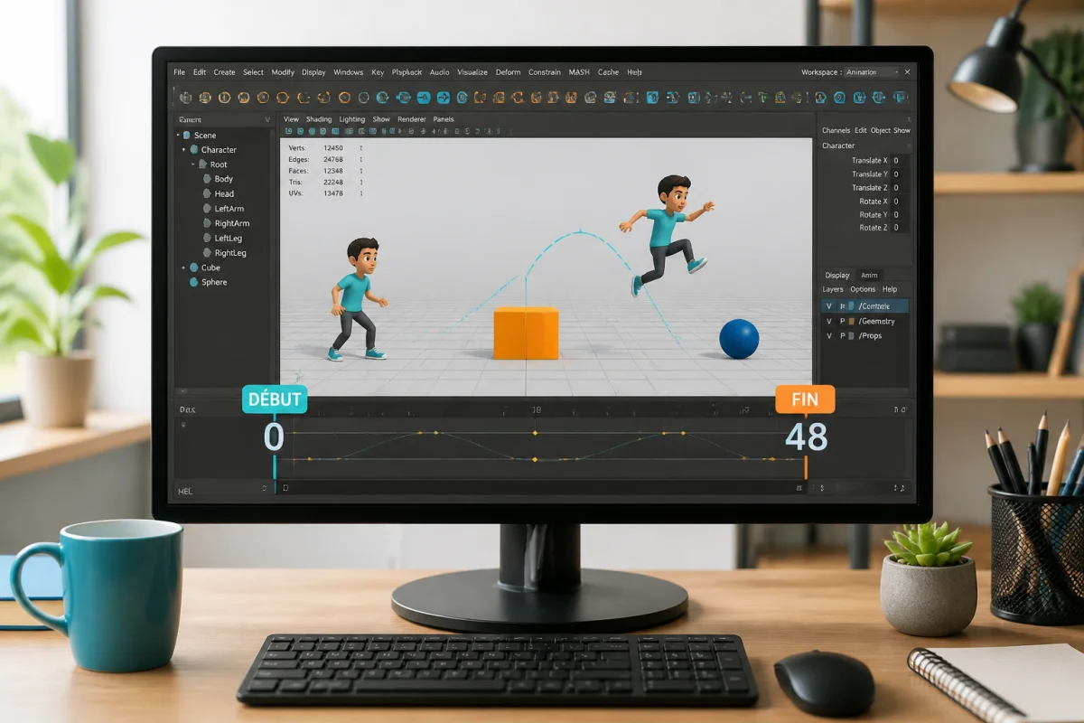 Écran d’ordinateur illustrant comment créer une animation 3D avec un personnage stylisé et une timeline à deux poses clés