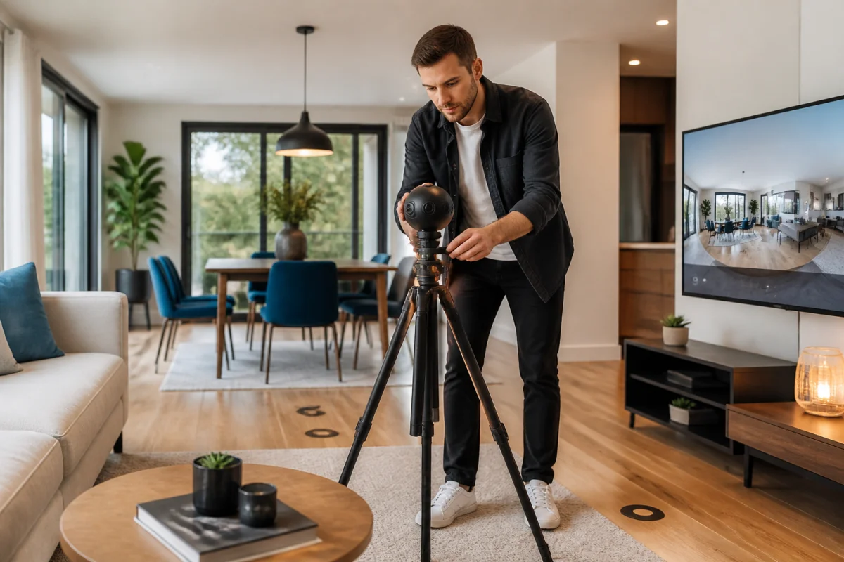 Photographe préparant une caméra 360 degrés sur trépied pour créer une visite virtuelle d’un appartement moderne