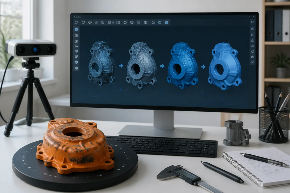 Comment scanner un objet en 3D, avec un écran montrant le maillage numérique en assemblage et nettoyage