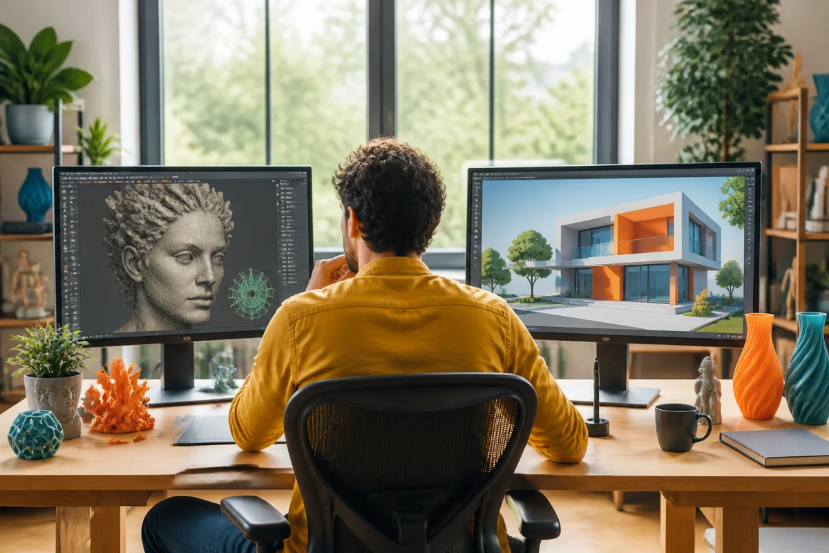 Artiste 3D comparant Blender ou Cinema 4D sur deux écrans, entre sculpture organique et modélisation architecturale.