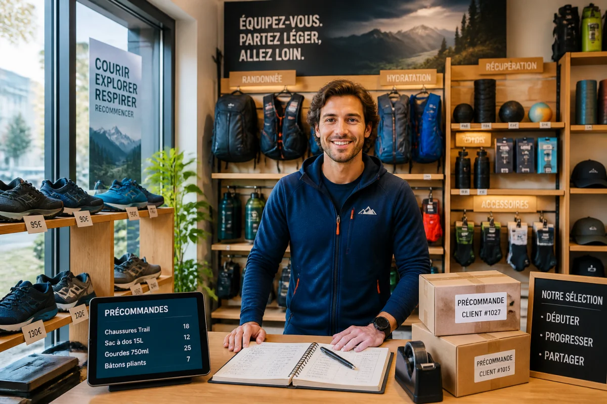 Entrepreneur sportif présentant une sélection d’équipements de randonnée et running dans sa boutique spécialisée lumineuse