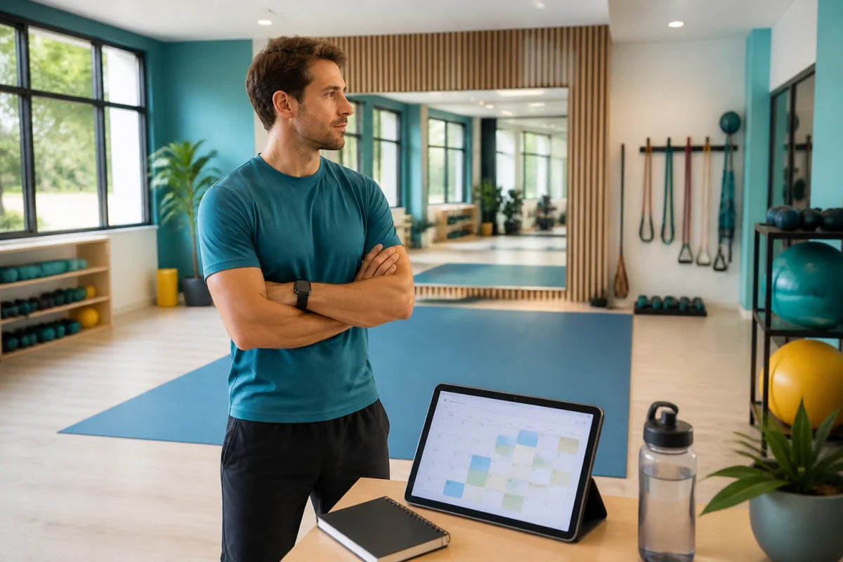 Entrepreneur préparant la création d’une entreprise sportive dans un studio moderne de mobilité et préparation physique