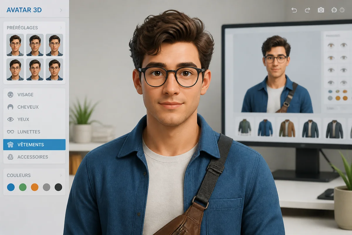 Avatar 3D humain devant un écran de création, illustrant comment créer un avatar 3D personnalisé facilement