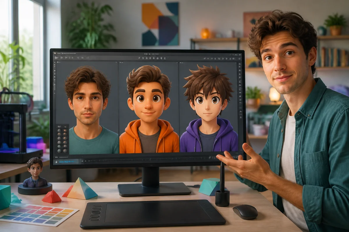 Créateur numérique présentant trois avatars 3D, réaliste, cartoon et anime, pour apprendre comment créer un avatar 3D.