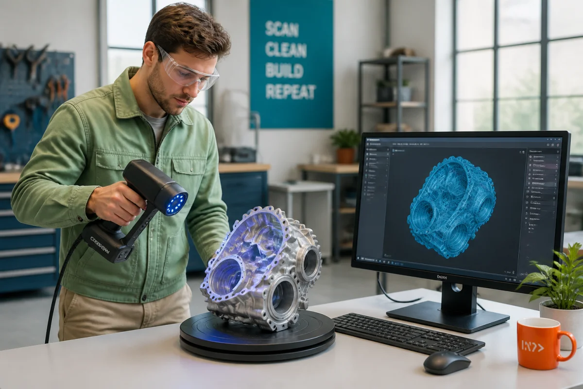 Démonstration de comment créer un modèle 3D avec scanner portatif et maillage triangulaire à l’écran.