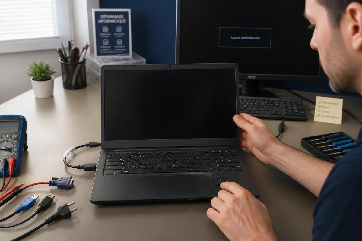 Technicien vérifiant un ordinateur portable à écran noir pour dépanner un ordinateur portable méthodiquement