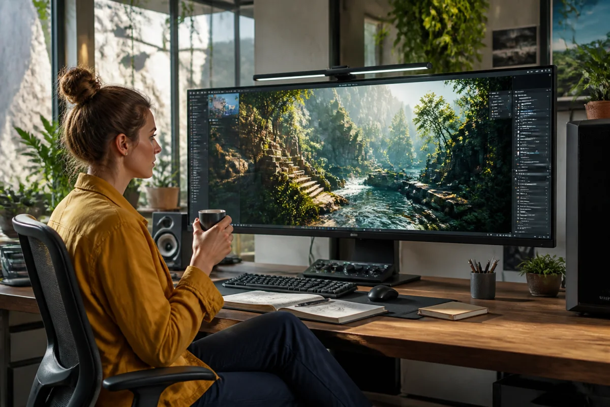 Développeuse de jeux vidéo explorant Unreal Engine ou Unity sur un écran affichant un paysage 3D photoréaliste