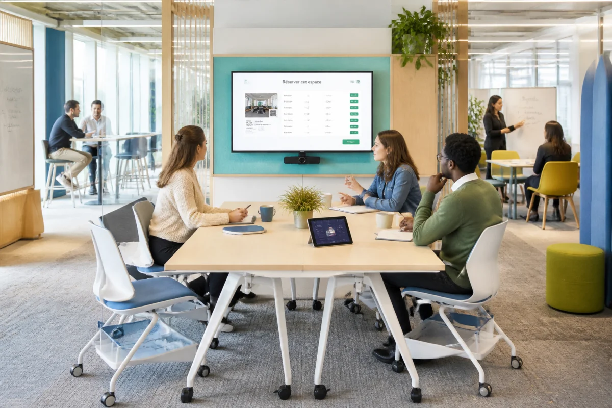 Digitalisation des espaces de travail avec bureau modulaire, réunion hybride et écran numérique dans un environnement collaboratif