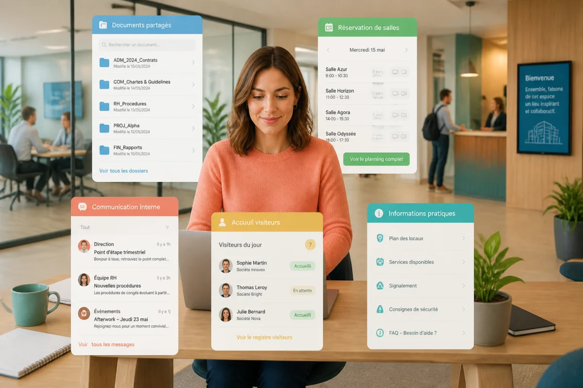 Professionnelle consultant une interface numérique pour la collaboration, réservation de salles et accueil des visiteurs dans un bureau connecté