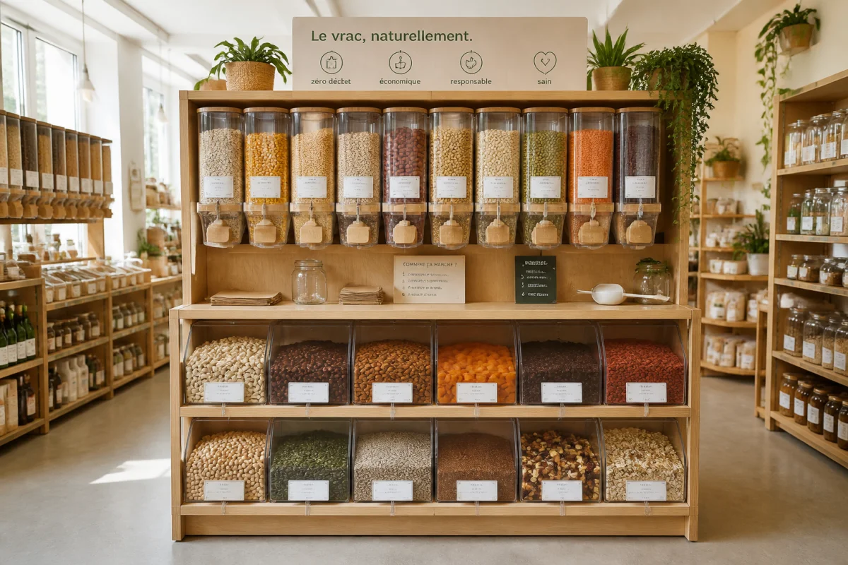 Rayon d’épicerie en vrac organisé avec distributeurs en bois, céréales, légumineuses, fruits secs et épices