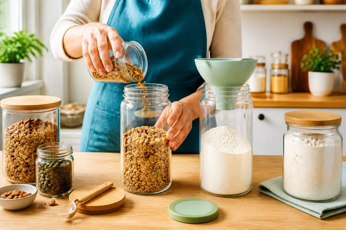 Personne remplissant des contenants réutilisables de granola et de farine pour emballer des aliments en vrac