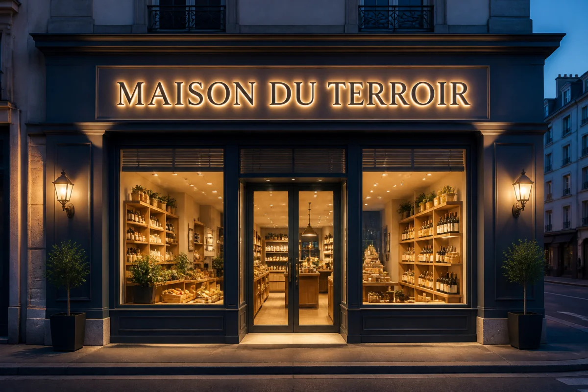 Enseigne de magasin attractive, lumineuse et élégante sur la façade contemporaine d’un commerce au crépuscule