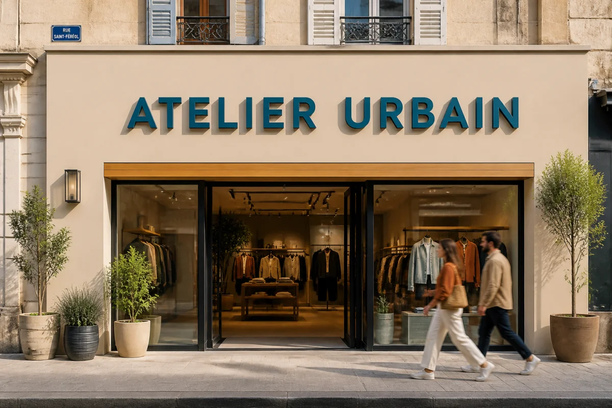 Enseigne de magasin attractive en lettres bleu pétrole en relief sur façade moderne beige, avec vitrine et plantes vertes