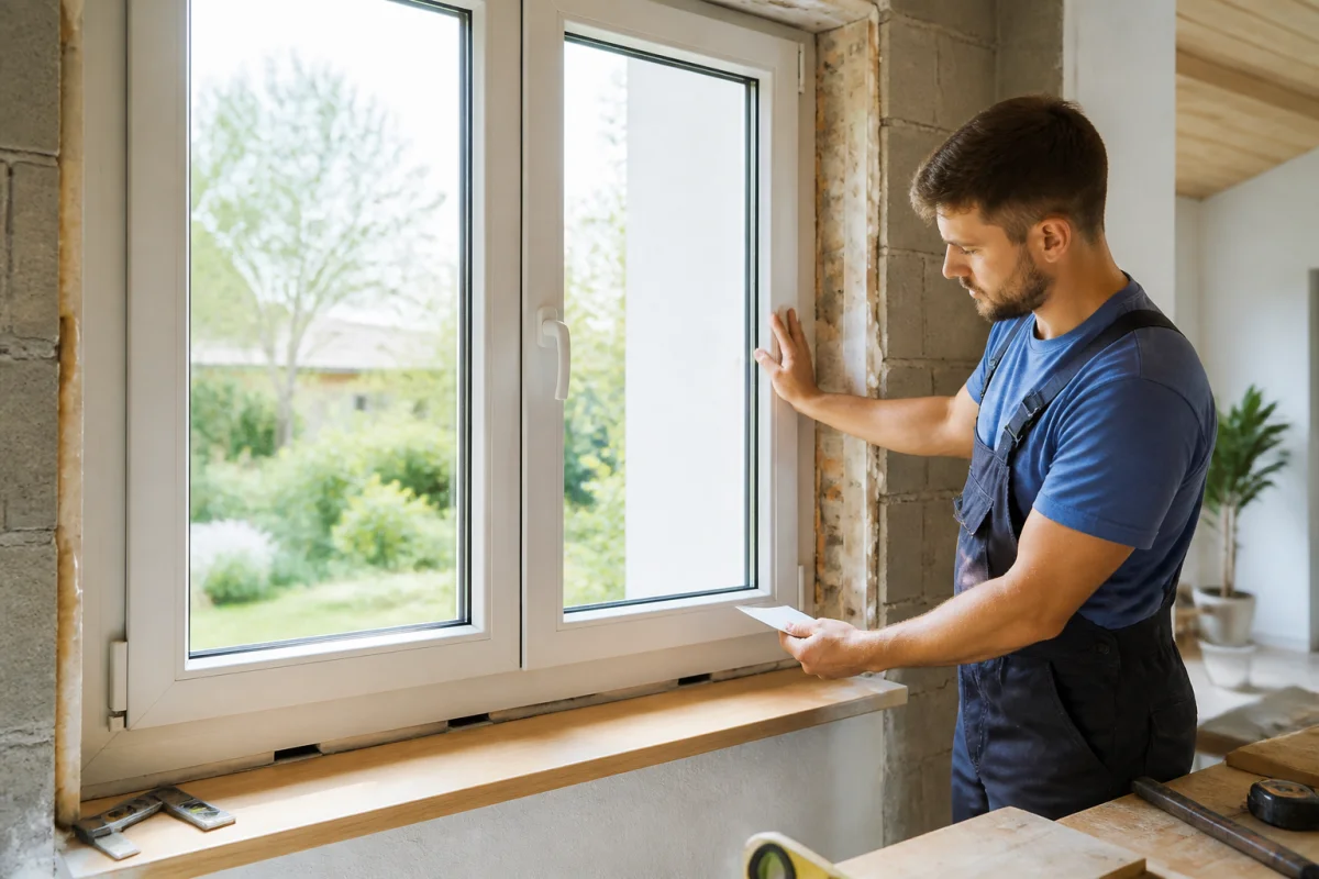 Professionnel vérifiant l’alignement et l’étanchéité d’une fenêtre isolante pour maison en rénovation
