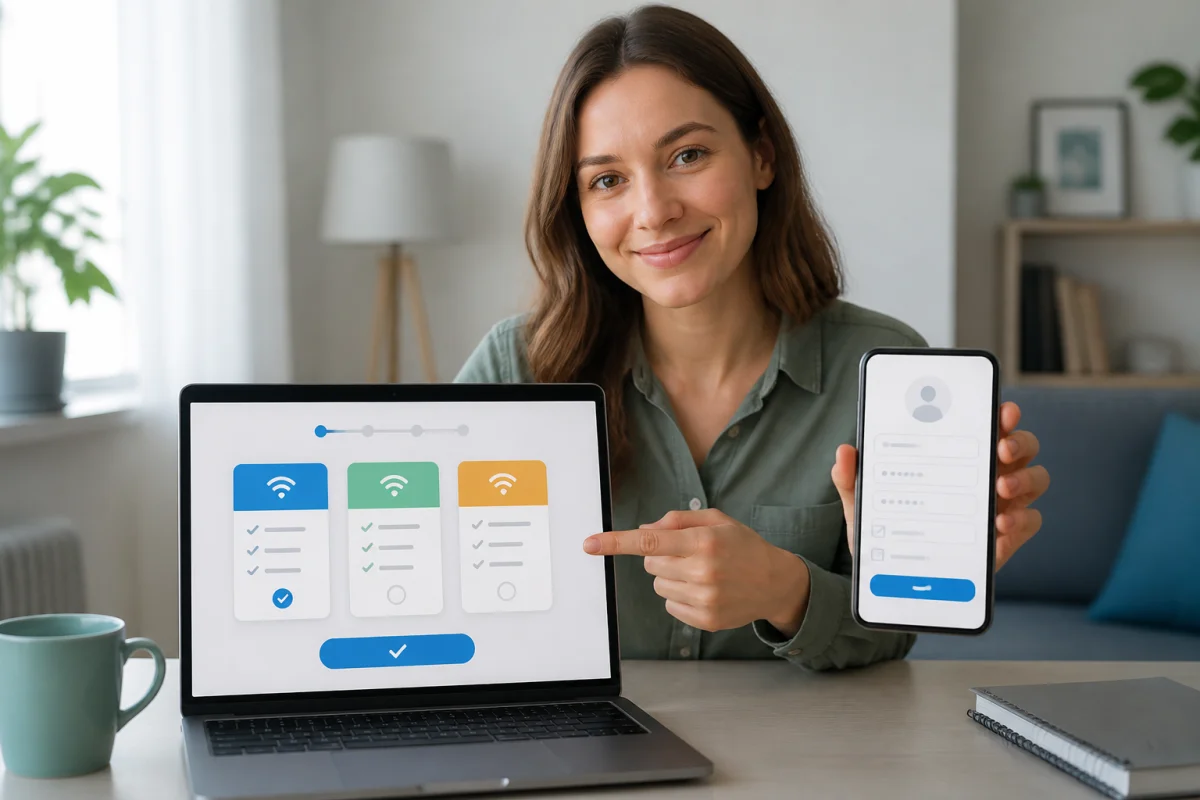 Souscription en ligne à un forfait mobile Leclerc depuis un ordinateur portable et un smartphone, sans logo visible