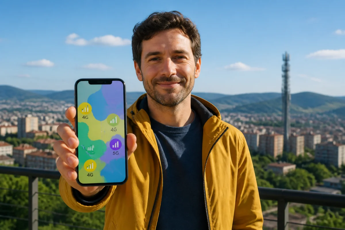 Personne tenant un smartphone affichant une carte abstraite de couverture mobile 4G et 5G près d’une antenne-relais