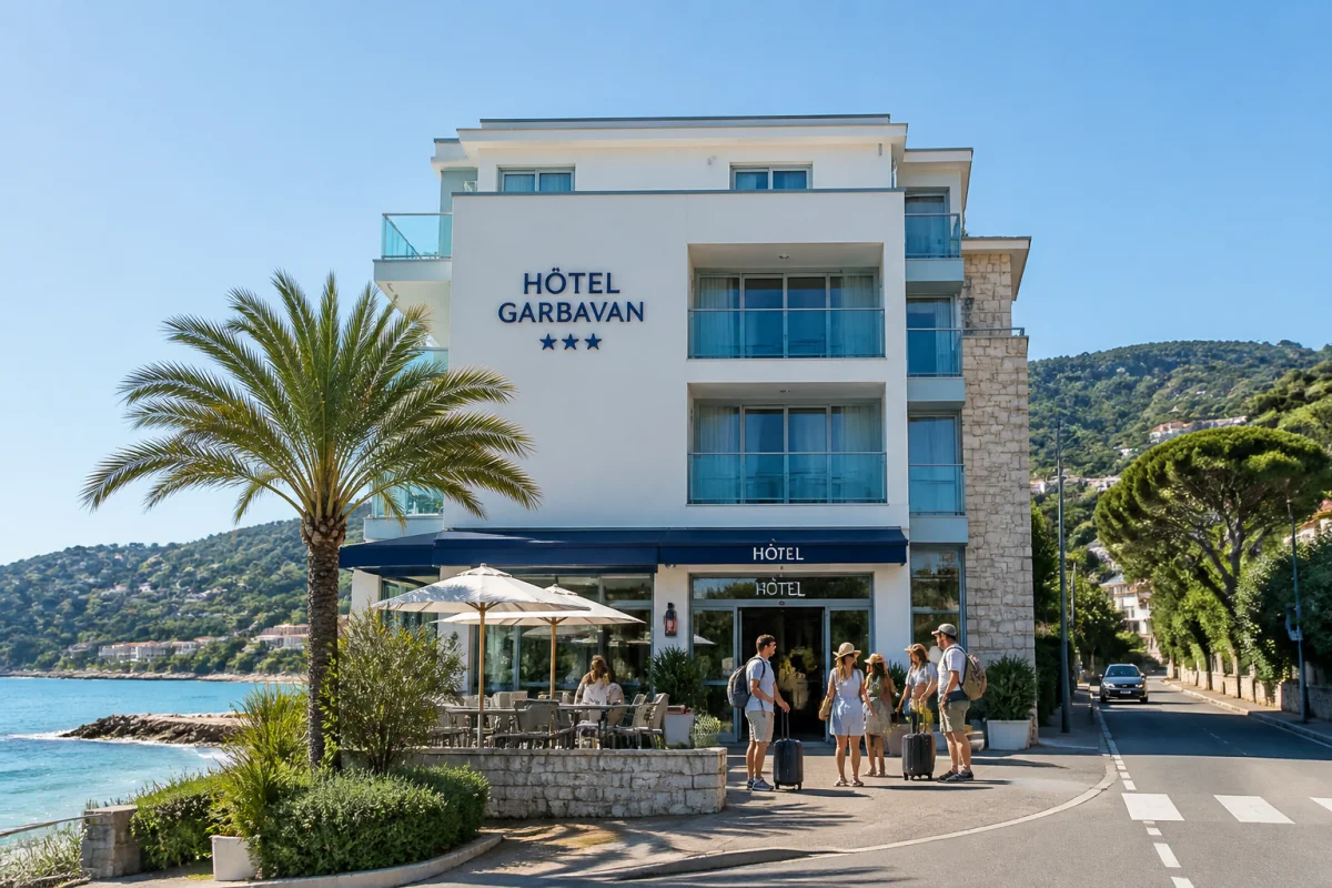 Hôtel contemporain en bord de mer à Menton, terrasse accueillante et voyageurs préparant un séjour découverte sur la Côte d’Azur