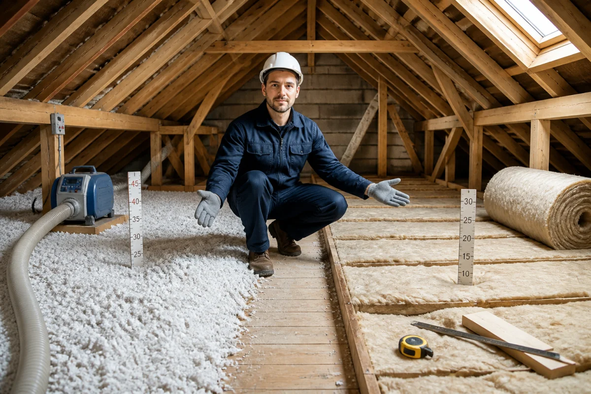 Professionnel présentant deux techniques d’isolation des combles perdus : flocons soufflés et rouleaux croisés
