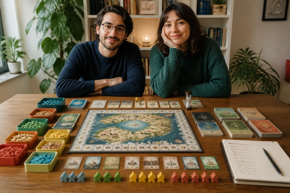 Jeux de société immersifs préparés sur une table, avec plateau, cartes, pions, sablier et deux joueurs prêts à commencer