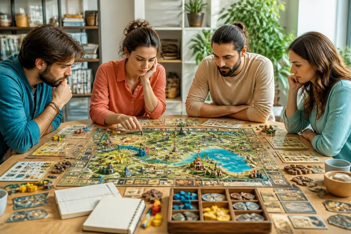 Groupe d’adultes concentrés autour d’un jeu de société immersif avec carte détaillée, figurines, jetons et tableaux de gestion
