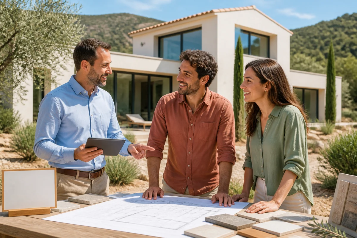 Maisons Serge Olivier, conseiller et couple étudient des plans devant une maison neuve dans le Gard méditerranéen