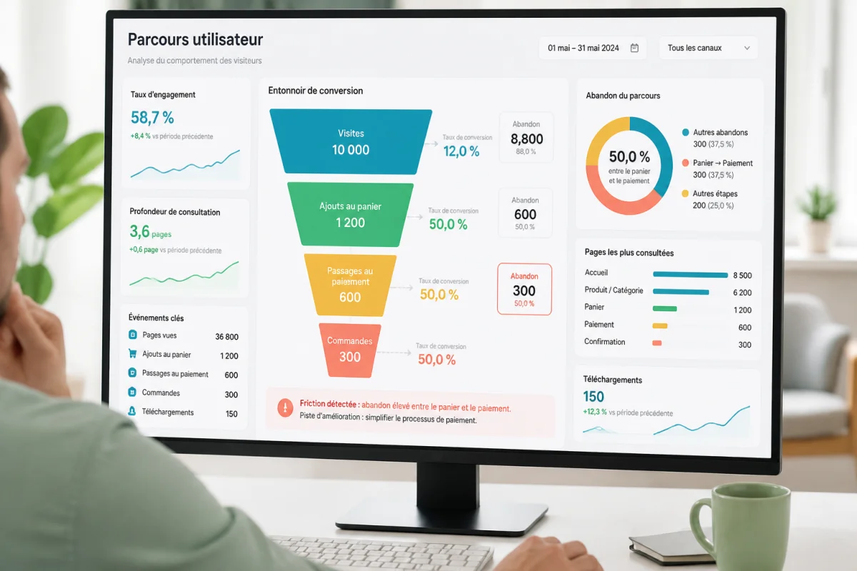 Tableau de bord illustrant comment mesurer la performance d’un site web grâce à un entonnoir de conversion détaillé