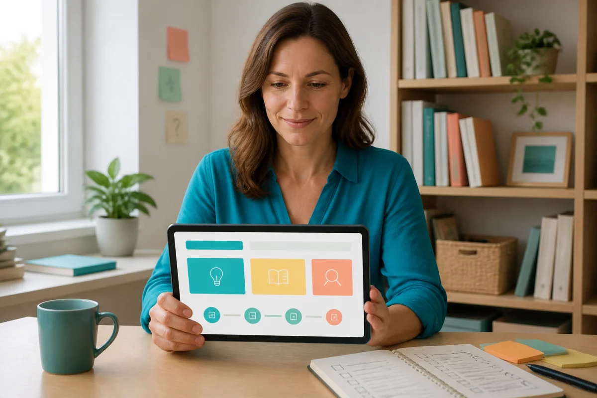 Personne consultant sereinement Netadom sur une tablette, avec carnet de préparation dans un espace de travail lumineux