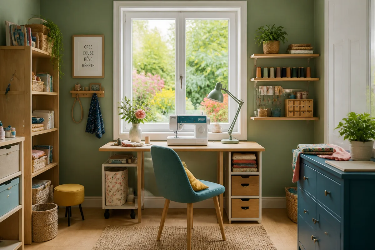 Organisation d’un coin couture à la maison avec machine à coudre, rangements colorés et lumière naturelle près d’une fenêtre