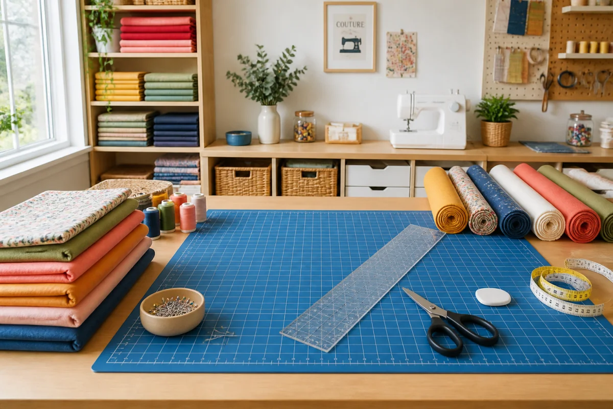 Coin couture organisé avec plan de coupe quadrillé, tissus colorés, outils de couture et rangements soigneusement disposés.