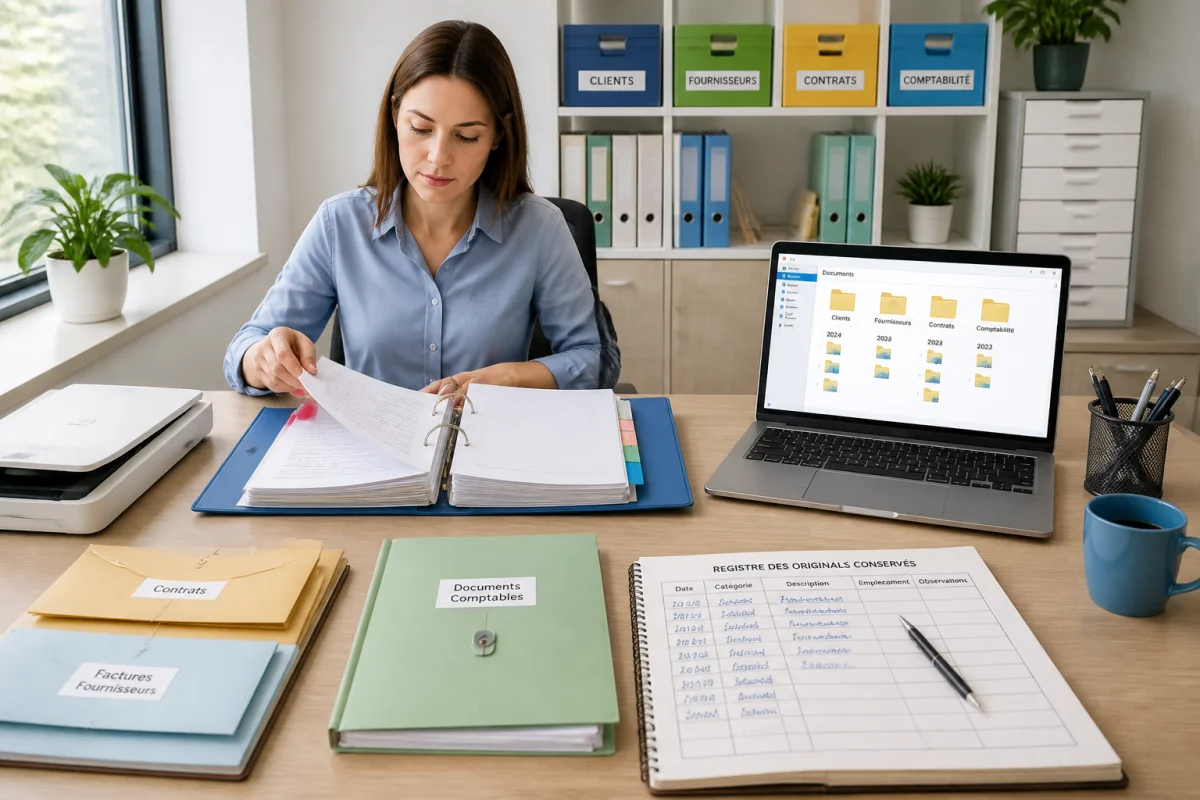 Organisation des documents d’entreprise avec classeur, dossiers numériques structurés et registre de suivi sur un bureau professionnel