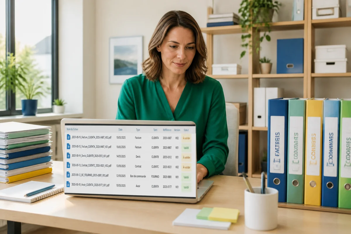 Professionnelle organisant des documents numériques selon une convention de nommage structurée sur ordinateur portable