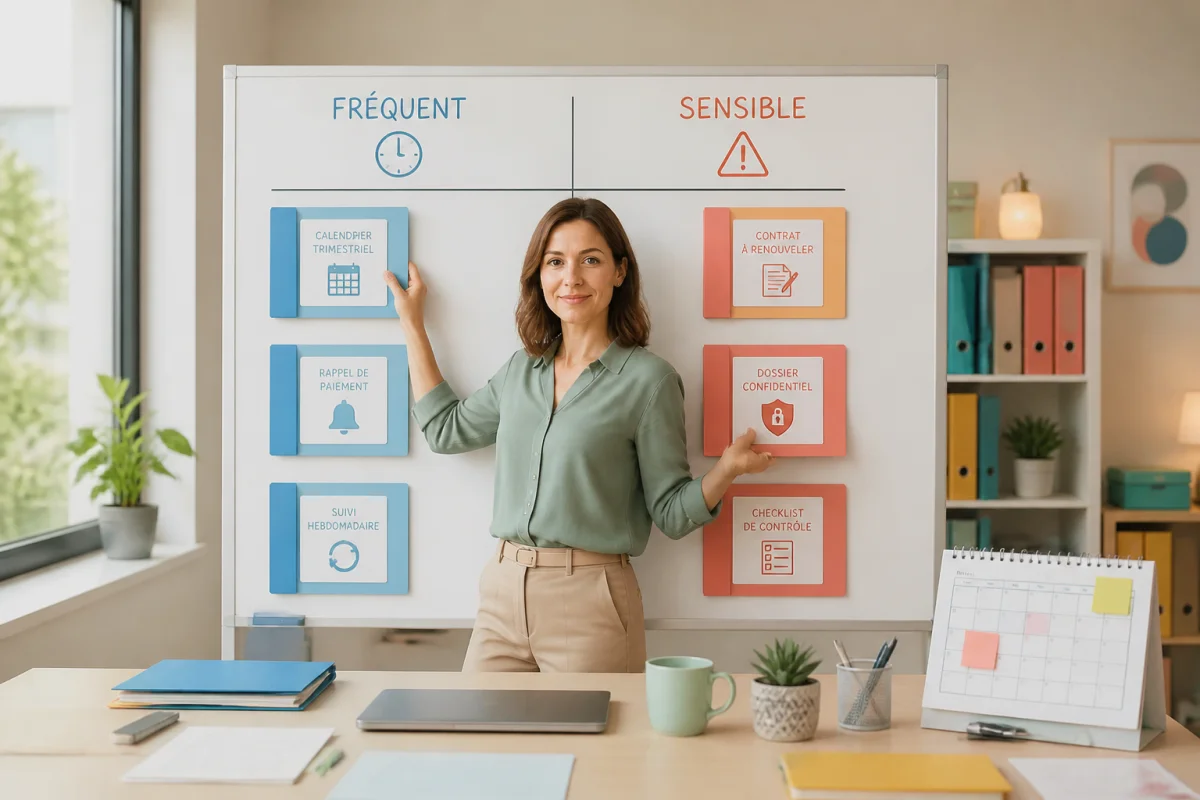 Professionnelle organisant les tâches administratives en entreprise sur tableau de priorités, dossiers classés par fréquence et niveau de risque
