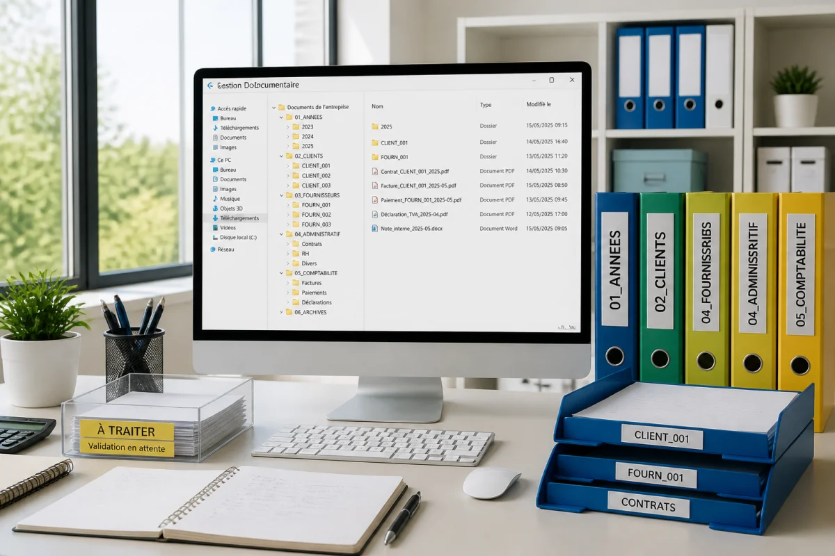 Organisation des tâches administratives en entreprise avec dossiers numériques et documents classés par catégories distinctes