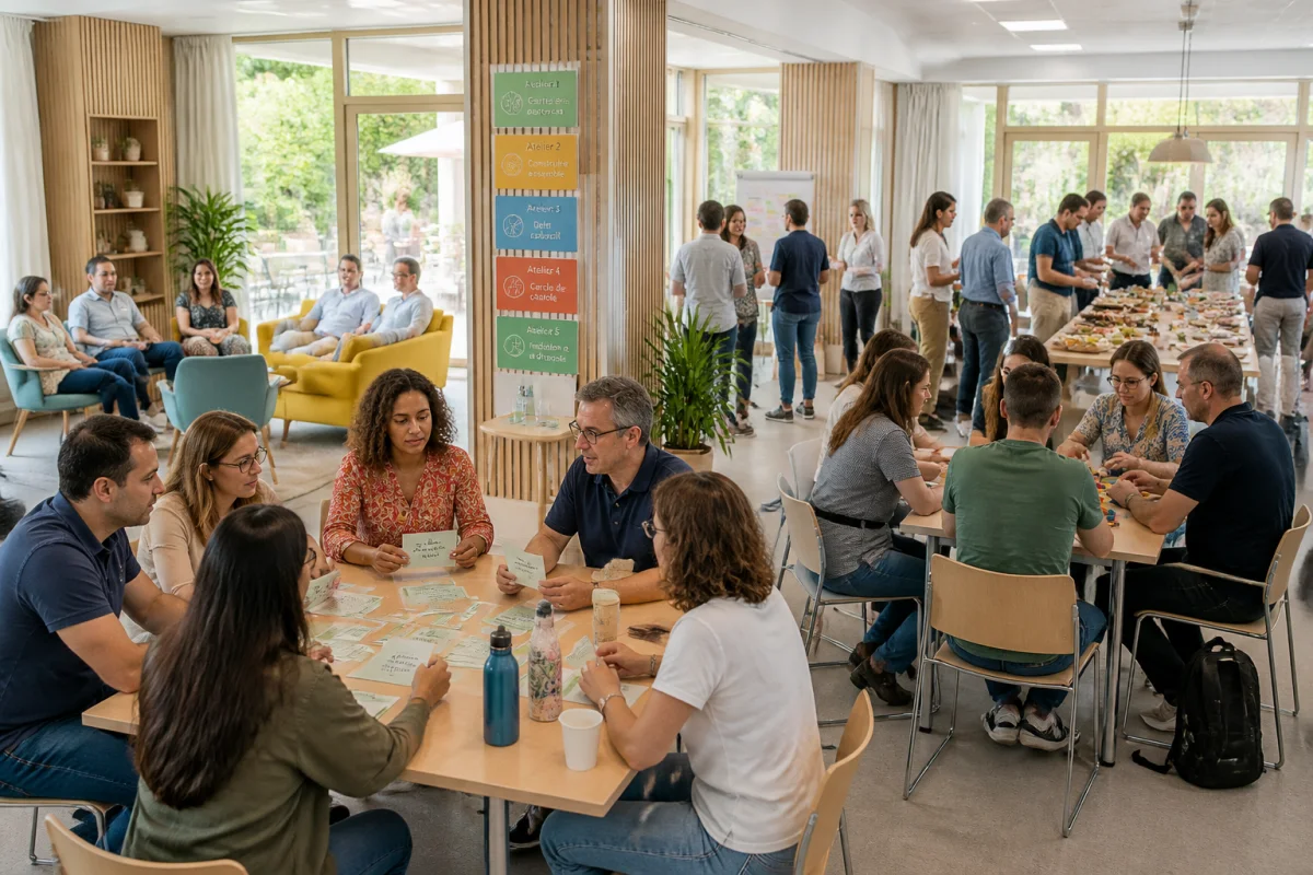 Collaborateurs réunis en cinq équipes pour organiser un team building en entreprise, dans un séminaire accessible et convivial.