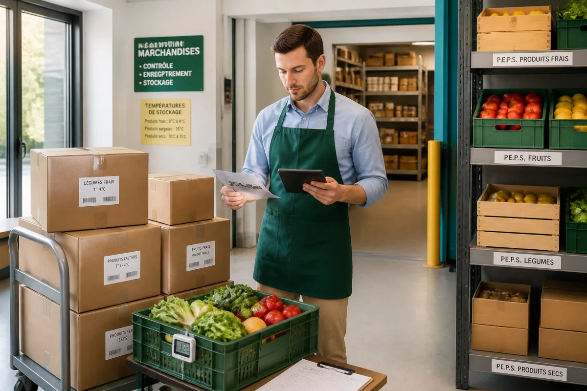 Employé contrôlant une livraison dans une boutique alimentaire, avec bon de livraison, tablette et caisses organisées en réserve
