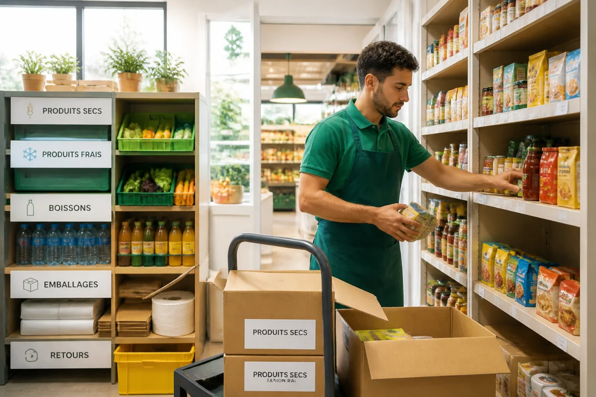 Employé organisant les stocks et réassortissant une étagère dans une boutique alimentaire propre et méthodique