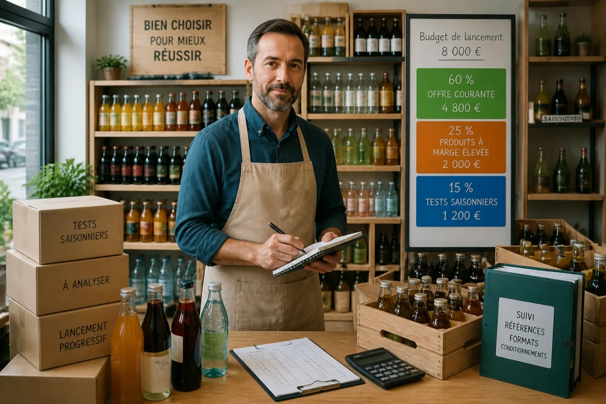 Gérant organisant l’ouverture rentable d’un commerce de boissons, avec stock trié, budget maîtrisé et tableau de répartition coloré
